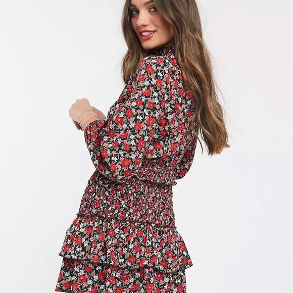 Petite high neck shirred mini smock dress in ditsy print - Picture 3 of 5